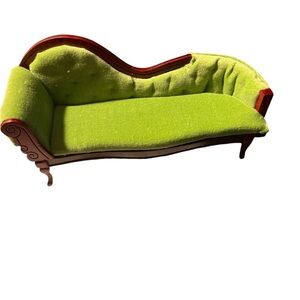 Miniature Dollhouse Mid Century Look Fainting Couch Wood Line Green Velvet 6X3”